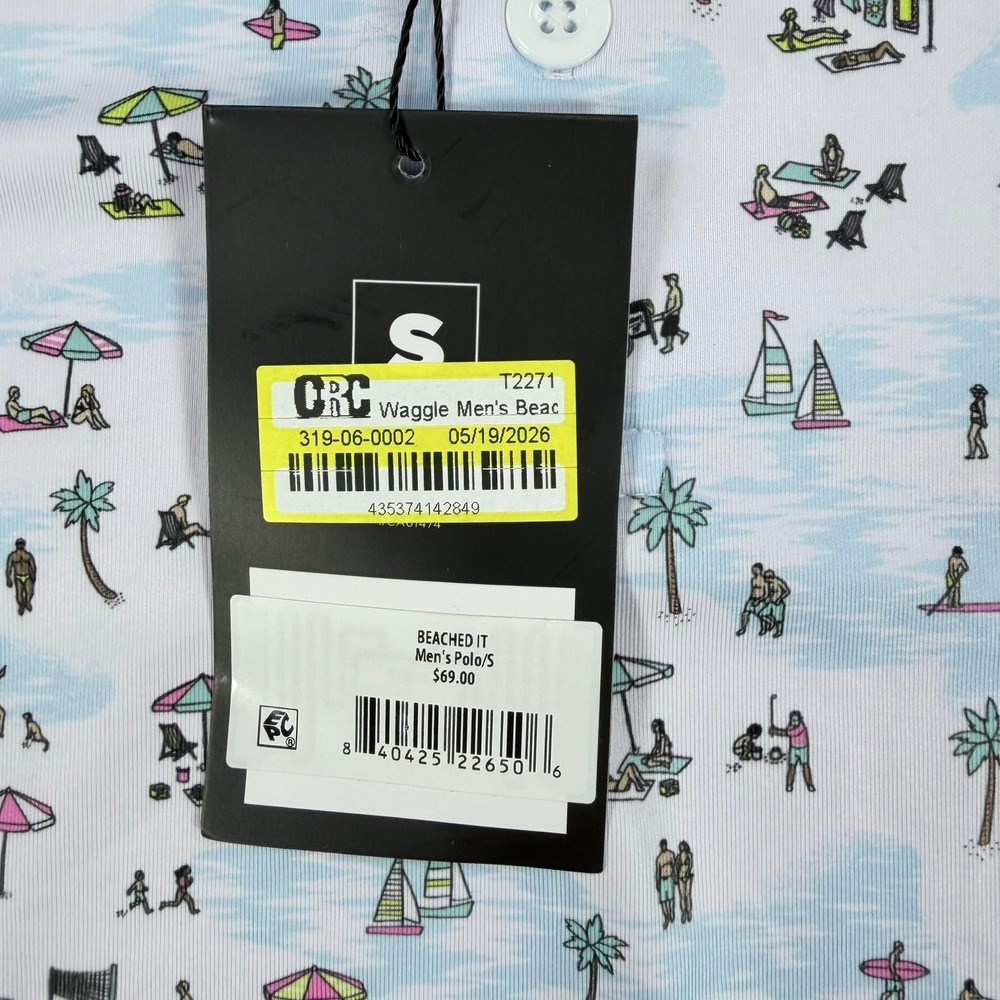 Waggle Mens S White Poly Blend Beached It Golf Polo Shirt Short Sleeve Novelty - Picture 2 of 7